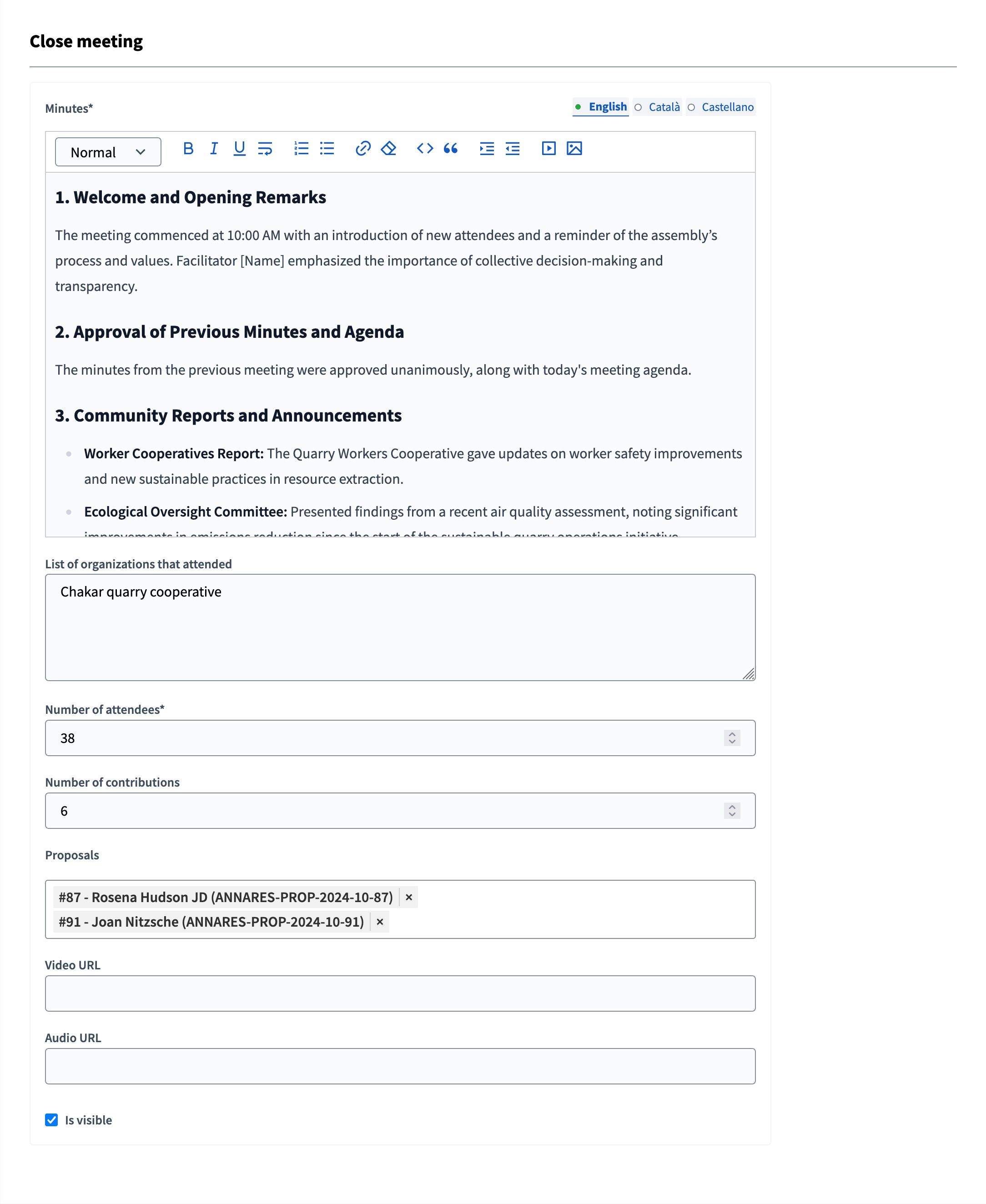 Close meeting form in the backend