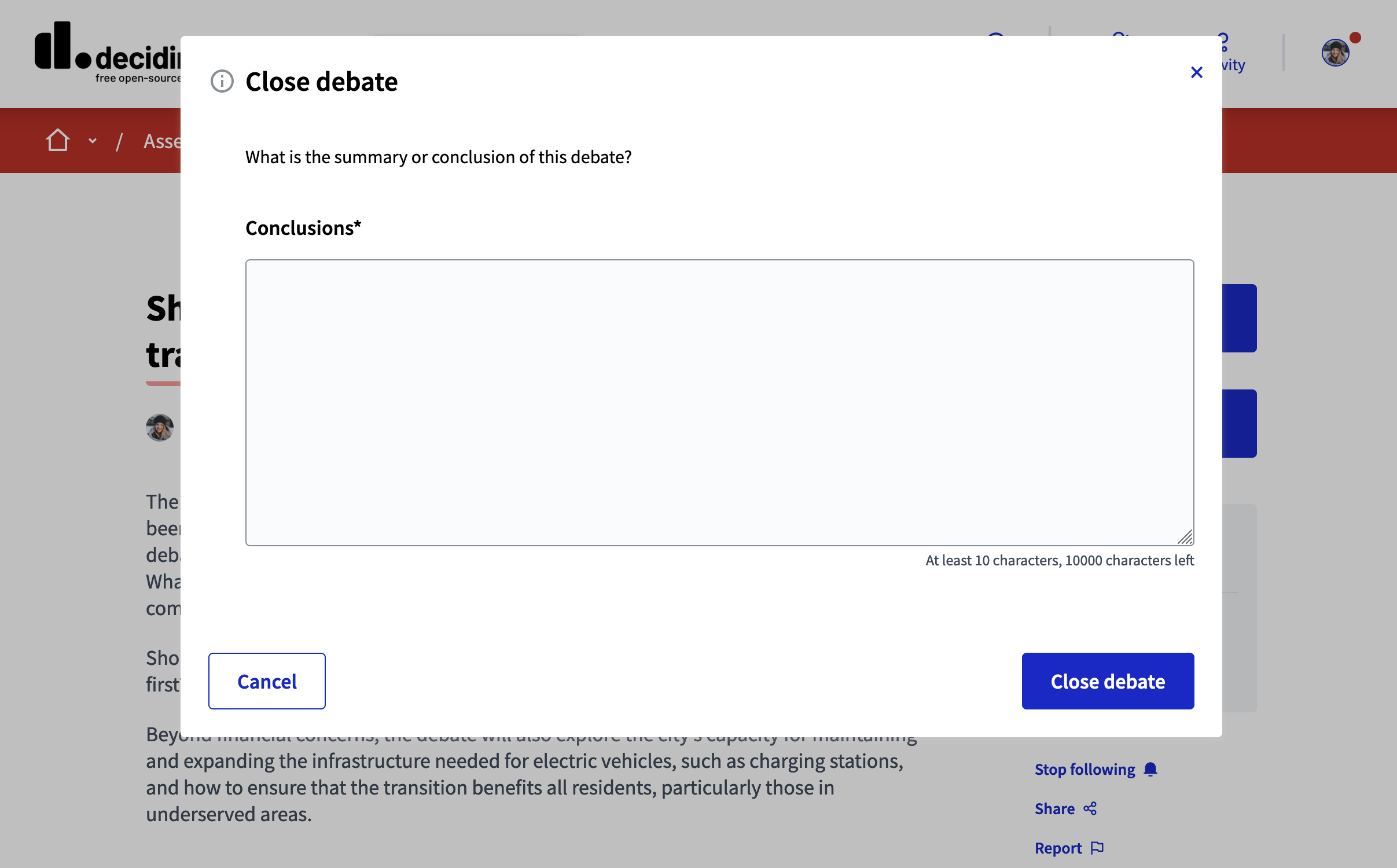 Close debate frontend form